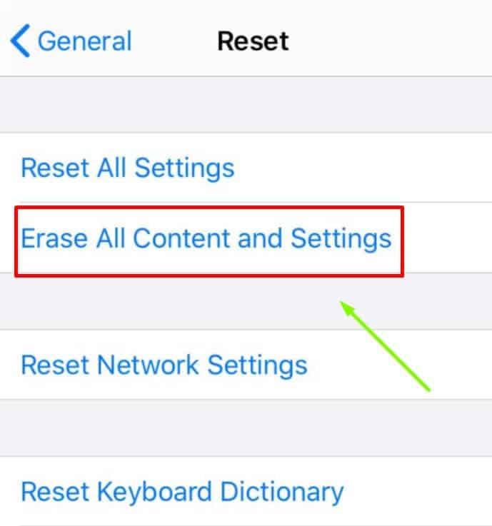 reset all content and settings