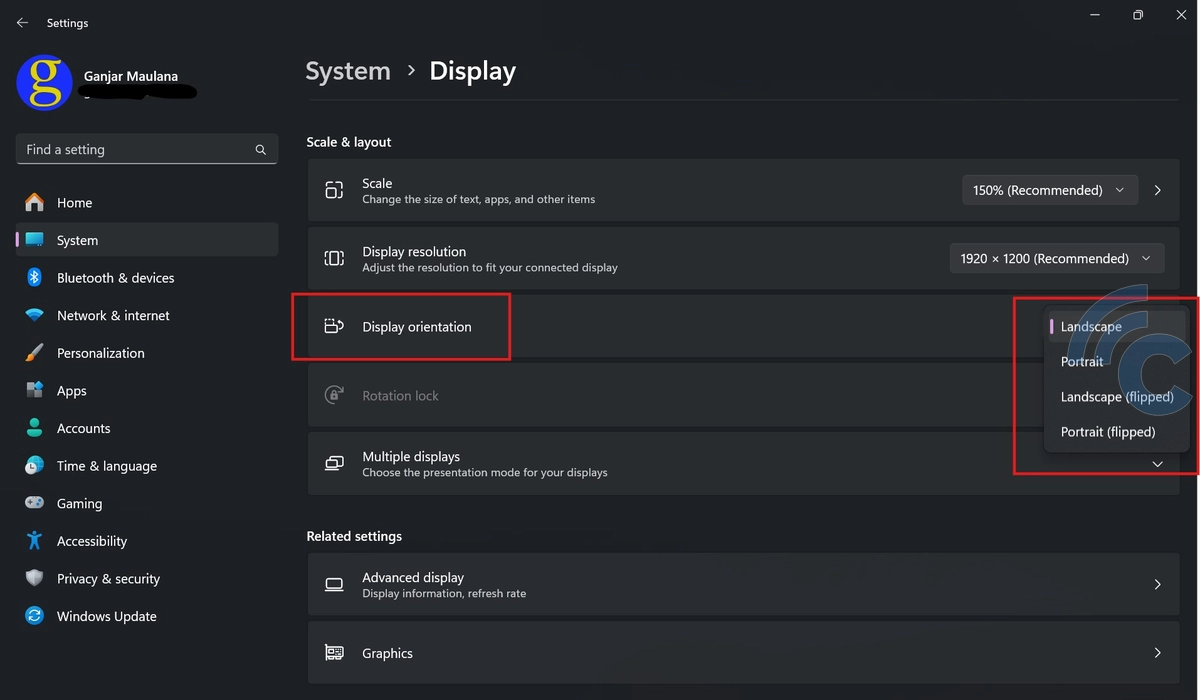 display orientation