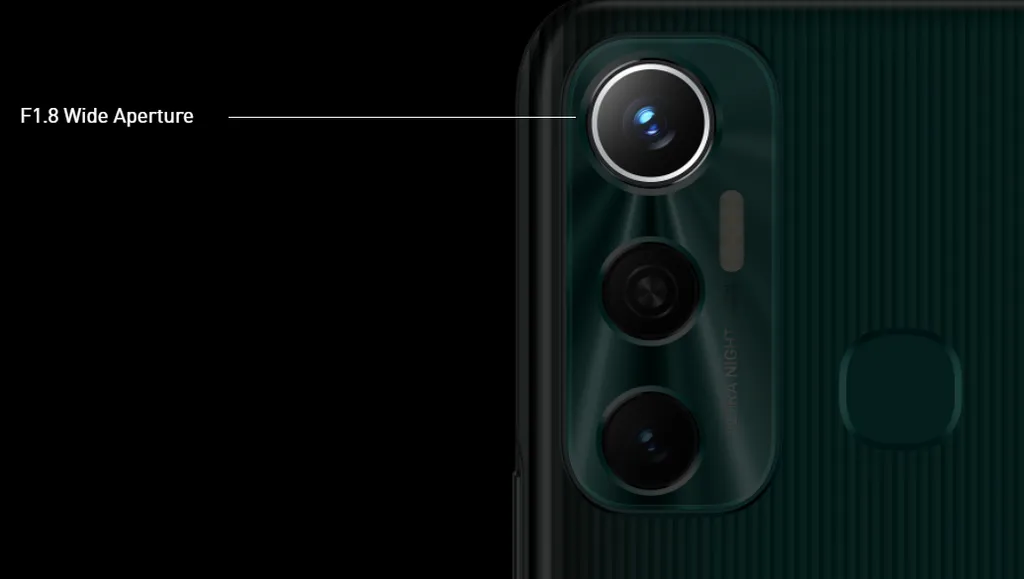 Ilustrasi konfigurasi kamera pada Infinix Hot 11 dengan keterangan apertur f/1.8 pada lensa utama.