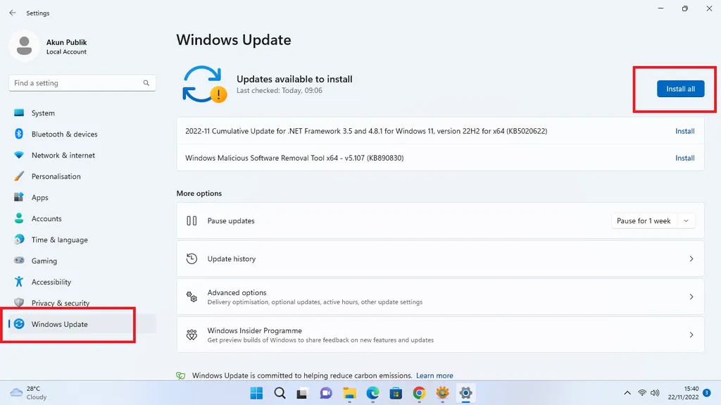 cara update windows 11 22H2