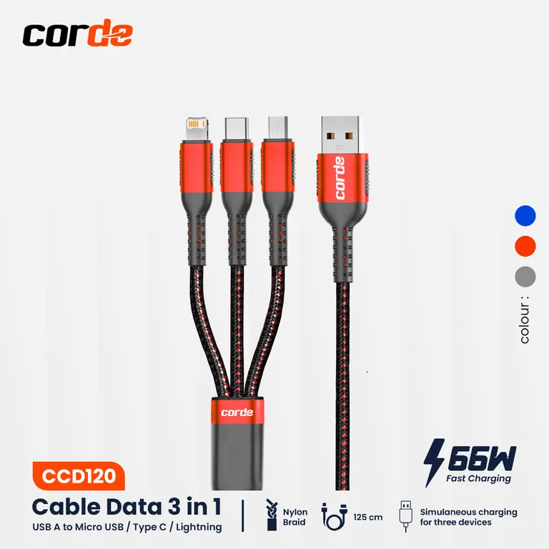 Corde Kabel Data 3 in 1 Fast Charging 66W